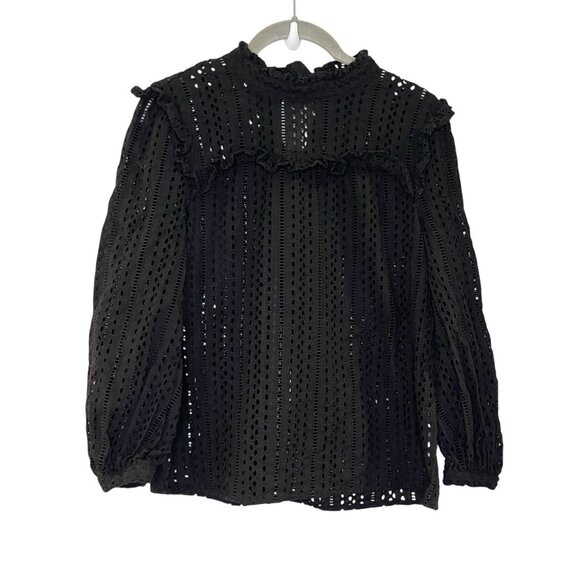 MADEWELL Black‎ Eyelet Ruffle Long Sleeve Tie Mock Neck Blouse Size XS Solid - Picture 3 of 7
